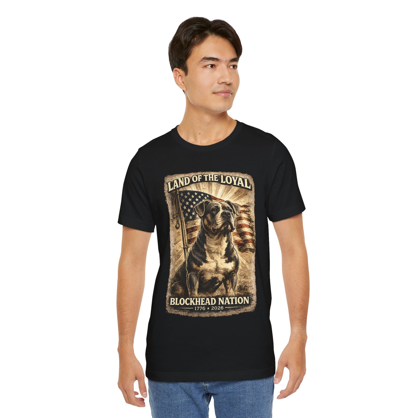 Land Of The Loyal Patriotic Pit Bull T-Shirt | All-American Blockheads Collection